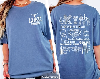 Luke Combs Song Lyrics Collage Shirt, Front Back Western Bull Skull Graphic Tee