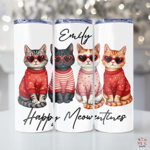 Custom Cat Valentines Tumbler, Happy Meowentines 20oz Cup with Name, Cute Kitty Heart Glasses Mug, Personalized Gift for Cat Lover Girl