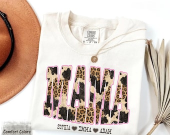 Custom Western Mama Shirt, Leopard Cow Print Comfort Colors Tee, Personalized Mothers Day Gift