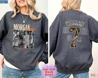 Puede incluir: Una sudadera gris oscuro de cuello redondo con un gráfico frontal de cuatro fotos en blanco y negro de un músico y el texto Morgan Wallen. La parte posterior muestra el texto WALLEN sobre un número 7 grande con estampado de camuflaje y fechas.