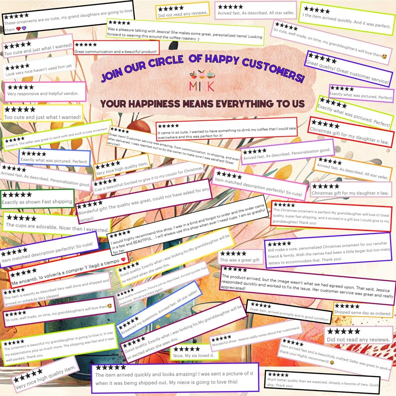 Collage of multiple five-star Etsy customer reviews displayed with colorful boxes. Testimonials highlight fast shipping, perfect quality, personalization accuracy, and satisfaction with custom ornaments.