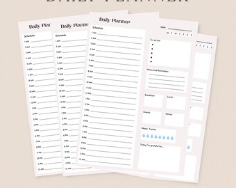 May include: Printable daily planner featuring a schedule, to-do list, notes and reminders, meal planner, water tracker, and a gratitude section. The planner is designed in a minimalist style with black text on a white background.