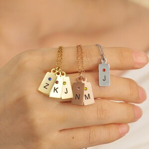 Collar con etiqueta personalizada - Collar con piedra de nacimiento inicial de oro - Regalo familiar - Regalo de Navidad - Regalo para mamá - Collar con colgante con letra grabada