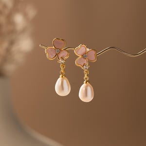 Sakura Pearl Drop Earrings,Pink Flower Freshwater Pearl Wedding Earrings,Natural Pearl Bridal Earrings,Elegant Bridesmaid Jewelry Gifts
