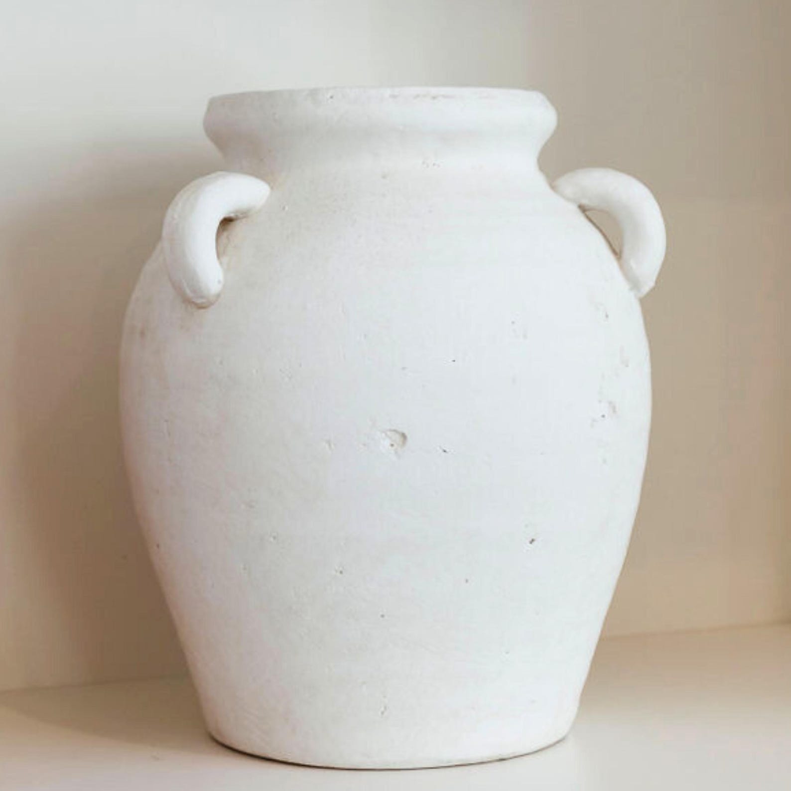 Large Antique White Terracotta Vase: Rustic Farmhouse Decor