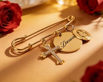 Custom Engraved Name Pin, Custom Catholic Baby Protection Pin, Virgin Mary Protection Pin, Cross Brooch, Baptism Baby Gifts, Birthday Gifts