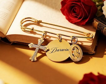 Personalized Name Brooch, Custom Virgin Mary Charm, Catholic Baby Protection Pin, Cross Brooch, Baby Brooch, Godmother Pin, Baby Shower Gift