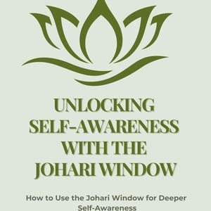 Op de afbeelding: Groene lotusbloem grafiek met de tekst "UNLOCKING SELF-AWARENESS WITH THE JOHARI WINDOW" en "How to Use the Johari Window for Deeper Self-Awareness by Ivana Davidović SERENITY SOUL NOTES".