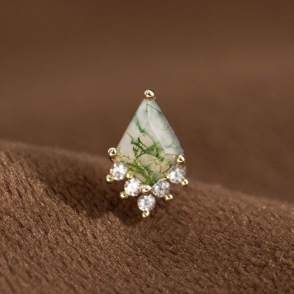 14K Gold Kite Moss Agate Screw Tragus Earring: Sterling Silver Moonstone Piercing Jewelry