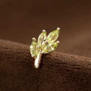 14K Gold Natural Peridot Leaf Push Pin Stud, Gemstone Helix Conch Earring, S925 Cartilage Piercing Jewelry, Birthday Gift, Christmas Gift