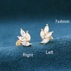 Moissanite Leaf Threaded Stud Earring: 14K Gold & Sterling Silver Marquise Helix Conch Piercing