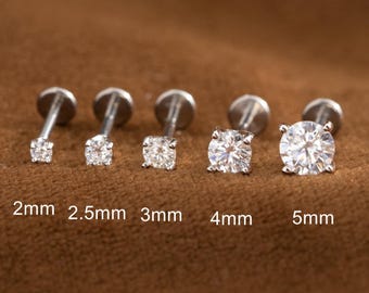 Conjunto de pendientes de botón roscados de moissanita en plata de ley: Piercing de cartílago y concha con diamantes en oro de 14 quilates