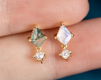 Moss Agate Screw Back Earring: Sterling Silver, Moonstone, 14K Gold Threaded Helix Piercing