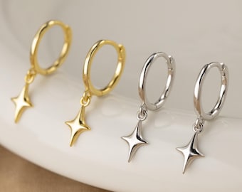 14K Gold North Star Dangle Hoop Earrings, Sterling Silver Celestial Cartilage Piercings