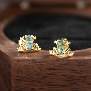 14K Gold Moss Agate Frog Stud Earrings, Dainty Sterling Silver Earrings, Tiny Stud Agate Earrings, Natural Gemstone Earrings, Gift For Her
