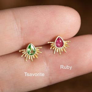 S925 Teardrop Ruby Push Back Earring: 14K Gold Tsavorite Gemstone Helix Cartilage Piercing