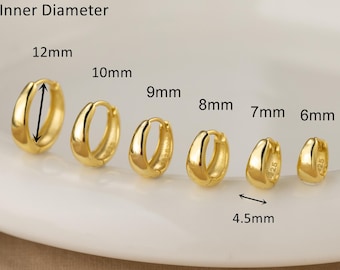 May include: A set of six gold hoop earrings arranged by size, labelled with inner diameters of 12mm, 10mm, 9mm, 8mm, 7mm, and 6mm. The smallest earring is also marked with a width of 4.5mm. Each earring features a smooth, polished finish.