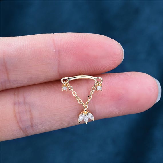 14k Gold Moissanite Leaf Stud Earring: S925 Dangle Chain Marquise Screw Helix Piercing