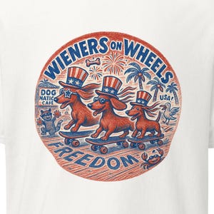 Camiseta Wieners on Wheels – Camiseta engraçada com estampa de cachorro Dachshund dos EUA | Estampa retrô de cachorro do 4 de julho
