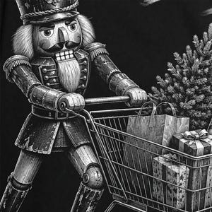 May include: A black and white graphic illustration of a nutcracker soldier pushing a metal shopping cart filled with gift-wrapped boxes and a small pine tree. The nutcracker wears a tall hat and uniform, with a prominent mustache and beard.
