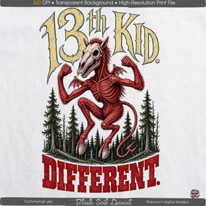 Könnte beinhalten: Digitale Illustration einer roten Skelett-Kreatur mit einem Pferdeschädelkopf, Fledermausflügeln und einem langen Schwanz. Der Text "13th KID" ist gelb und "DIFFERENT" rot. Das Design beinhaltet Kiefern.