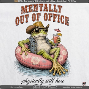 Op de afbeelding: Digitale illustratie van een kikker met een cowboyhoed, zonnebril en spijkerbroekvest, ontspannen in een roze opblaasbare ring. De kikker houdt een cocktail met een klein parapluutje vast. Tekst: "Mentally Out of Office" en "physically still here."