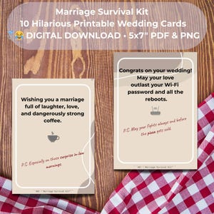 Marriage Survival Kit – 10 grappige trouwkaarten afdrukbaar – sarcastische liefdescitaten – 5 x 7 digitale download voor koppels cadeau