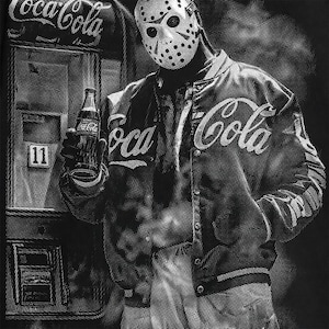 May include: A black and white graphic print on a garment featuring a figure wearing a hockey mask and a Coca-Cola branded varsity jacket. The figure holds a glass Coca-Cola bottle next to a vintage Coca-Cola vending machine with the number 11 visible.