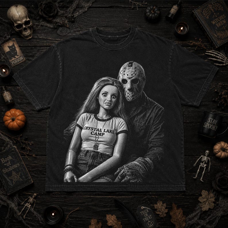 Peut inclure: Un t-shirt noir &agrave; manches courtes avec une impression graphique repr&eacute;sentant une poup&eacute;e aux longs cheveux portant un haut marqu&eacute; CRYSTAL LAKE CAMP, assise &agrave; c&ocirc;t&eacute; d'une silhouette portant un masque de hockey. Le design est monochrome et vieilli.
