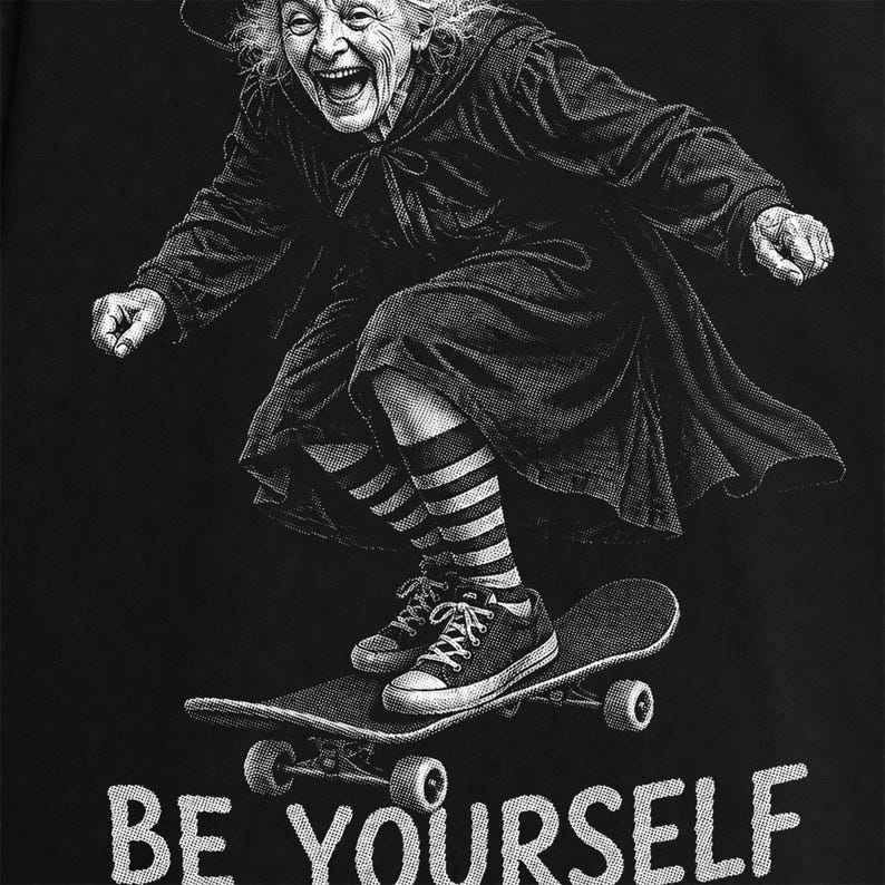 Funny witch PNG showing a cheerful elderly Halloween witch skateboarding in a dynamic crouched pose while wearing a pointed hat, flowing black dress, striped socks and sneakers above the bold quote “BE YOURSELF.” The energetic black-and-white artwork uses detailed retro engraved halftone and mixes witchy humor, positive self-expression and skater attitude. Ideal for funny Halloween shirts, witch lover gifts, cool grandma apparel, spooky season outfits, sublimation, DTF and DTG printing projects.