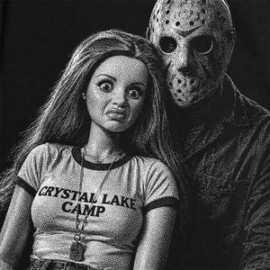 May include: A black and white graphic print featuring a doll with long hair wearing a t-shirt that reads CRYSTAL LAKE CAMP, positioned next to a figure wearing a hockey mask. The artwork uses a stippled dot technique to create shading and texture.