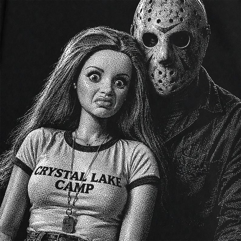 Peut inclure: Une impression graphique en noir et blanc sur un t-shirt repr&eacute;sentant une poup&eacute;e aux longs cheveux portant un t-shirt &agrave; bordures contrast&eacute;es avec l'inscription CRYSTAL LAKE CAMP, &agrave; c&ocirc;t&eacute; d'une silhouette portant un masque de hockey.