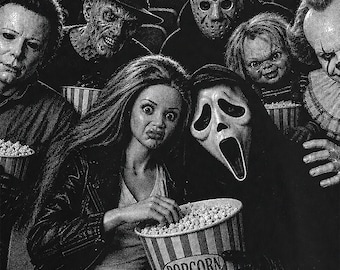 Soirée cinéma d'horreur PNG, design vintage pour t-shirt de l'équipe de Slasher, téléchargement numérique en demi-teintes