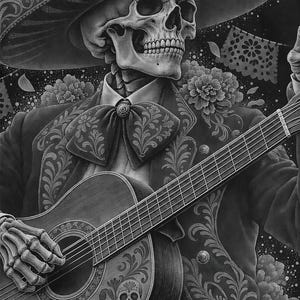 May include: A black and white illustration of a skeleton wearing a wide-brimmed sombrero and a formal charro jacket with intricate floral embroidery and a large bow tie, playing an acoustic guitar with detailed fretwork and a skull motif.