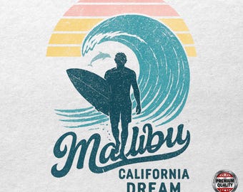 Malibu Surf T-Shirt Design, Retro California Sunset PNG, Vintage Wave Sublimation, Surfing Digital Download