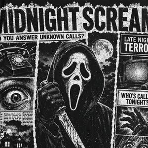 Puede incluir: Un estampado gráfico en blanco y negro con una figura encapuchada que sostiene un cuchillo, rodeada de imágenes de terror que incluyen un teléfono de disco, un ojo abierto, un televisor y el texto MIDNIGHT SCREAM, DO YOU ANSWER UNKNOWN CALLS?