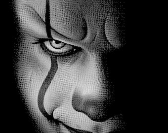 Visage de clown effrayant, téléchargement numérique d'horreur, PNG d'Halloween terrifiant pour t-shirt, demi-teintes