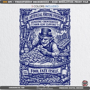May include: A detailed blue illustration shows a leprechaun creating four-leaf clovers. Text reads "The Artificial Fortune Foundry" and "Fool Fate Itself." The image has a vintage, steampunk style, with gears, pipes, and the year "1888" included.