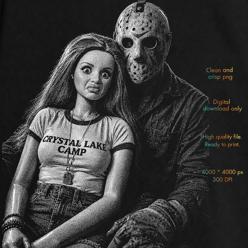 Peut inclure: Une illustration en pointill&eacute;s noir et blanc d'une poup&eacute;e aux longs cheveux portant un t-shirt Crystal Lake Camp et d'un personnage au masque de hockey. Le texte indique : Clean and crisp png, Digital download only, High quality file. Ready to print. 4000 * 4000 px 300 DPI.