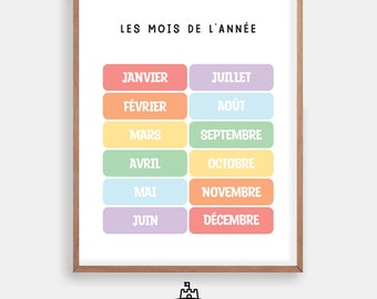 Poster dei mesi dell'anno - Poster educativo per la camera da letto e l'aula - DOWNLOAD DIGITALE (FRANCESE)