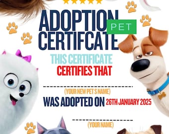 Puede incluir: Un certificado de adopción colorido con animales de dibujos animados, huellas de patas y el texto "TOP SECRET" en un sello rojo. El certificado dice "CERTIFICADO DE ADOPCIÓN" y "ESTE CERTIFICADO CERTIFICA QUE (EL NOMBRE DE TU NUEVA MASCOTA) FUE ADOPTADO EL 26 DE ENERO DE 2025 (TU NOMBRE)"