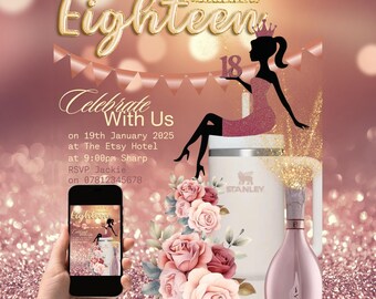 Puede incluir: Una invitación de cumpleaños rosa y dorada con el texto "Eighteen" en letras doradas. La invitación presenta una silueta de una mujer sosteniendo un pastel con el número "18" en él. La invitación también incluye el texto "Celebrate With Us" y detalles sobre el evento, incluida la fecha, la hora, la ubicación y la información de RSVP.