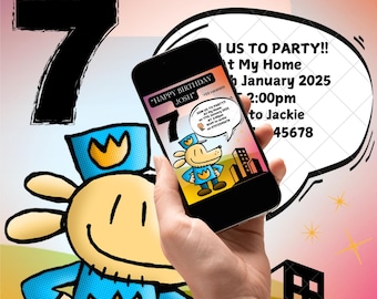 Puede incluir: Una invitación de cumpleaños en la pantalla de un teléfono inteligente para una fiesta de 7 años. La invitación es para una fiesta en casa el 8 de enero de 2025 a las 2:00 pm. La invitación dice "¡Únete a la fiesta!" y "¡Feliz cumpleaños Josh!" con un perro de dibujos animados que lleva una corona.