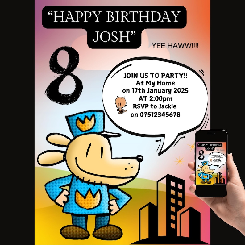 Puede incluir: Una invitaci&oacute;n a una fiesta de cumplea&ntilde;os para un ni&ntilde;o de 8 a&ntilde;os llamado Josh. La invitaci&oacute;n presenta a un perro de dibujos animados que lleva un uniforme azul con una corona amarilla. La invitaci&oacute;n incluye el texto "Happy Birthday Josh" y "Yee Haww!!!". La invitaci&oacute;n tambi&eacute;n incluye detalles sobre la fiesta, incluida la fecha, la hora y la ubicaci&oacute;n.