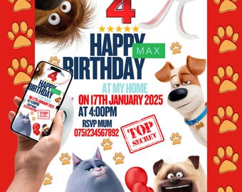 Puede incluir: Una invitación de cumpleaños blanca con un borde rojo y huellas de patas. La invitación presenta un perro de dibujos animados y un conejo de la película "La vida secreta de las mascotas". El texto de la invitación dice "Let's Party!!" y "Happy Birthday Max". La invitación también incluye la fecha y la hora de la fiesta, "El 17 de enero de 2025 a las 4:00 pm", y la información de RSVP, "RSVP Mum 0751234567892".