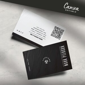 黒のミニマルな名刺テンプレート • QR コード名刺 • DIY 印刷可能なカード • Canva 名刺テンプレート • 両面カード
