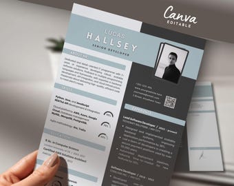 May include: A professional resume template with a photo, featuring the name Lucas Hallsey, Senior Developer. The resume includes sections for skills, experience, and education, with a modern design in shades of gray and blue.