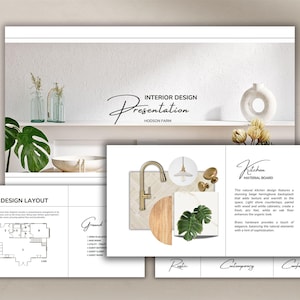 May include: A presentation board for an interior design project featuring a kitchen design with a natural kitchen design featuring a stunning beige herringbone backsplash that adds texture and warmth to the space. Light stone countertops, paired with wood and white cabinetry, create a fresh, airy feel, while an oak floor enhances the organic look. Brass hardware provides a touch of elegance, balancing the natural elements with a hint of sophistication.
