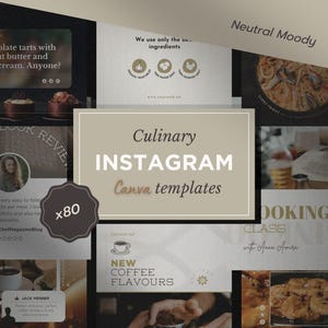 Puede incluir: Un collage de 80 plantillas de Instagram en tonos neutros para contenido culinario. Las plantillas presentan imágenes de comida, herramientas de cocina y superposiciones de texto. El texto incluye frases como "Plantillas de Canva Instagram culinarias", "Nuevos sabores de café" y "Clase de cocina".
