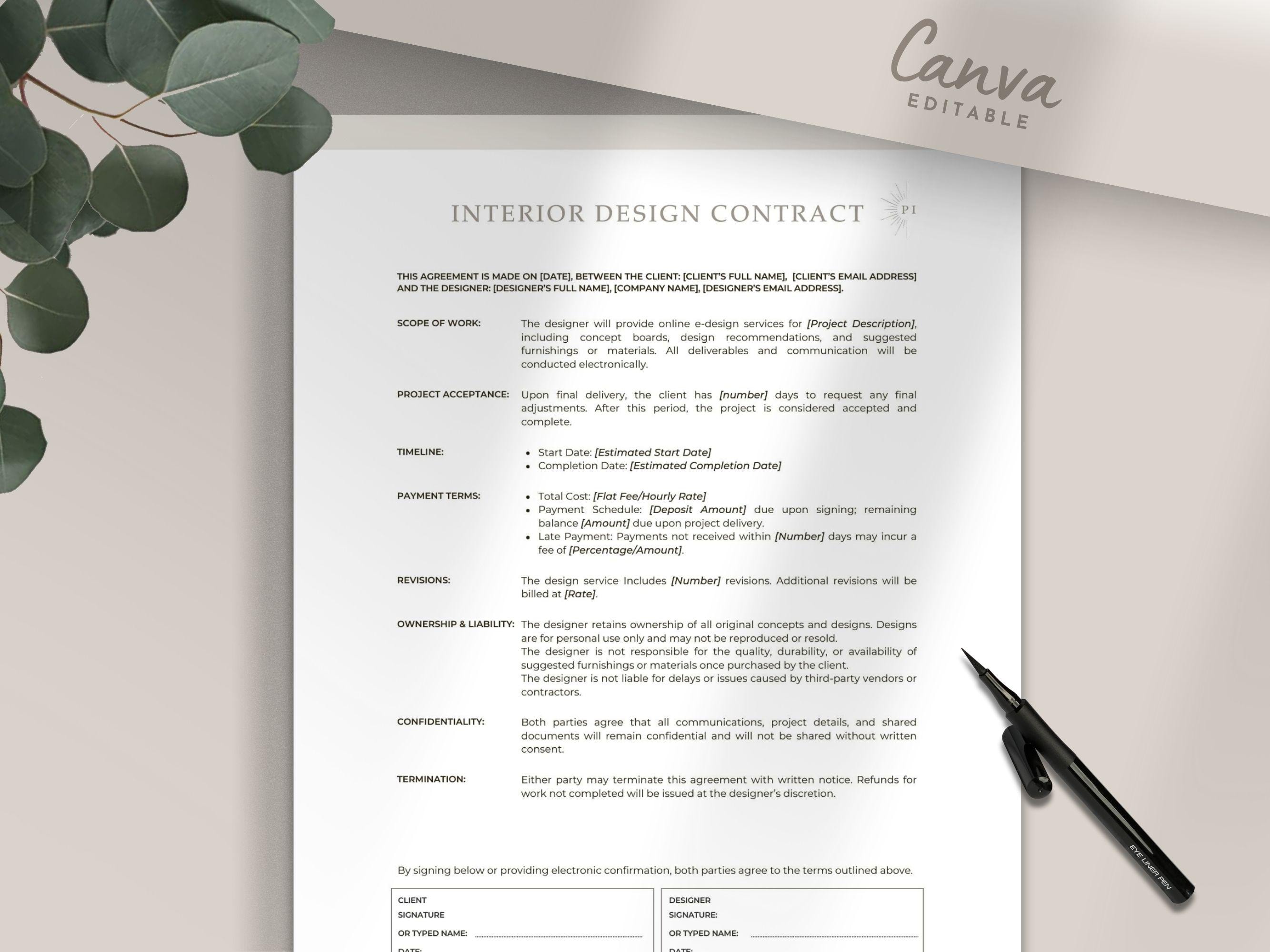 Simple Interior Design Contract Template: 1-page E-design Service ...